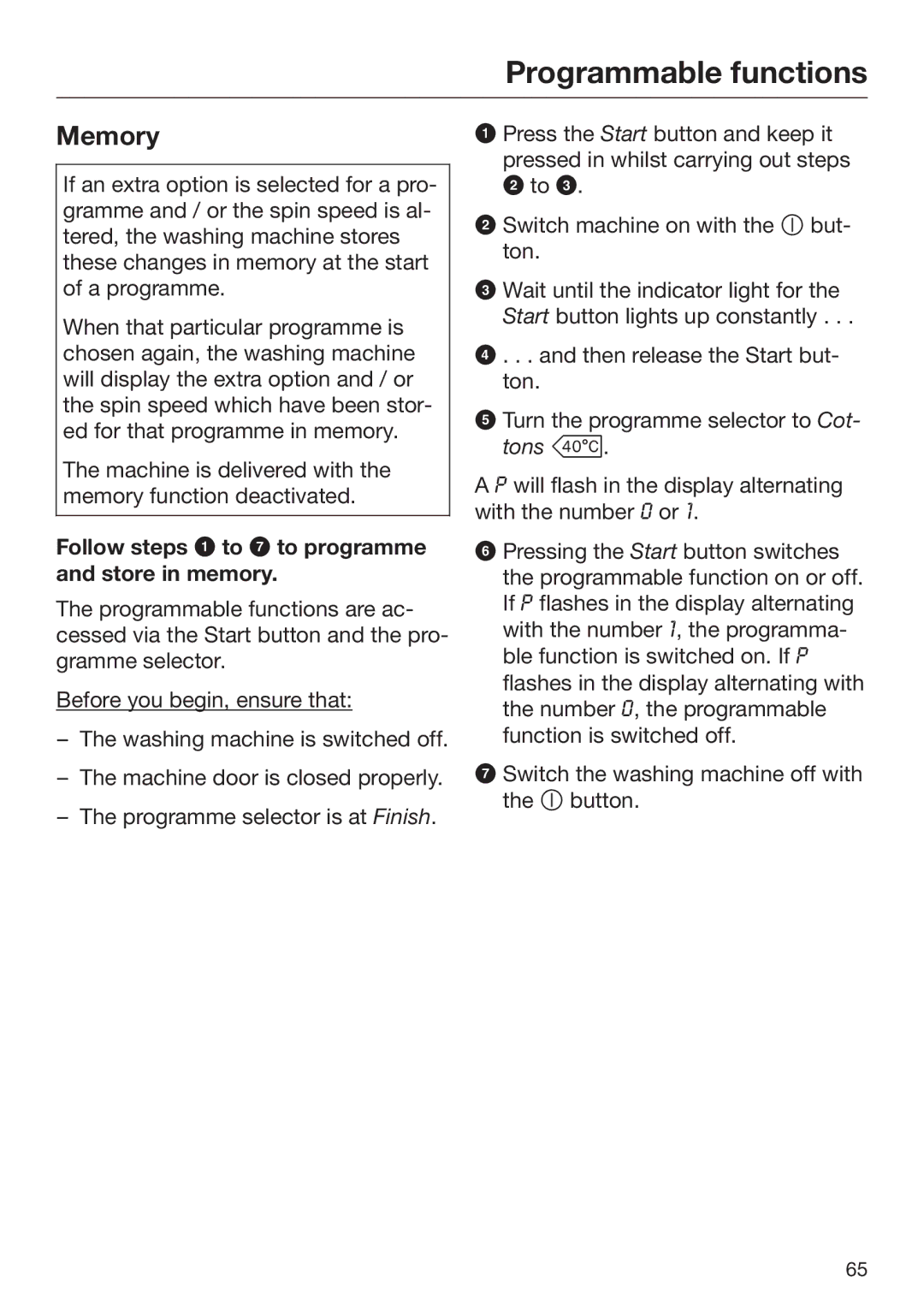 Miele 09 900 690 operating instructions Memory 