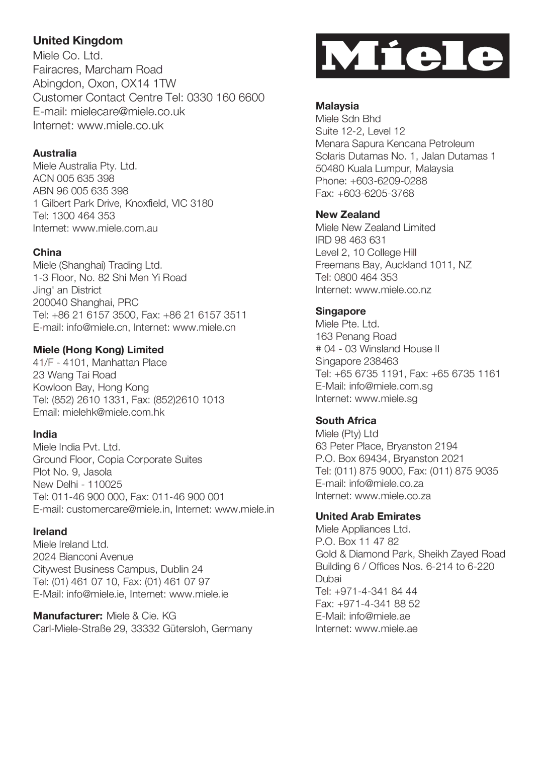 Miele 09 900 700 operating instructions United Kingdom 