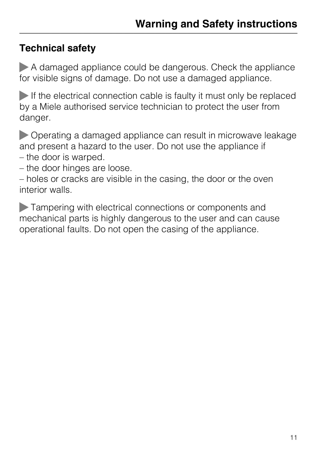 Miele 09 919 100 operating instructions Technical safety 