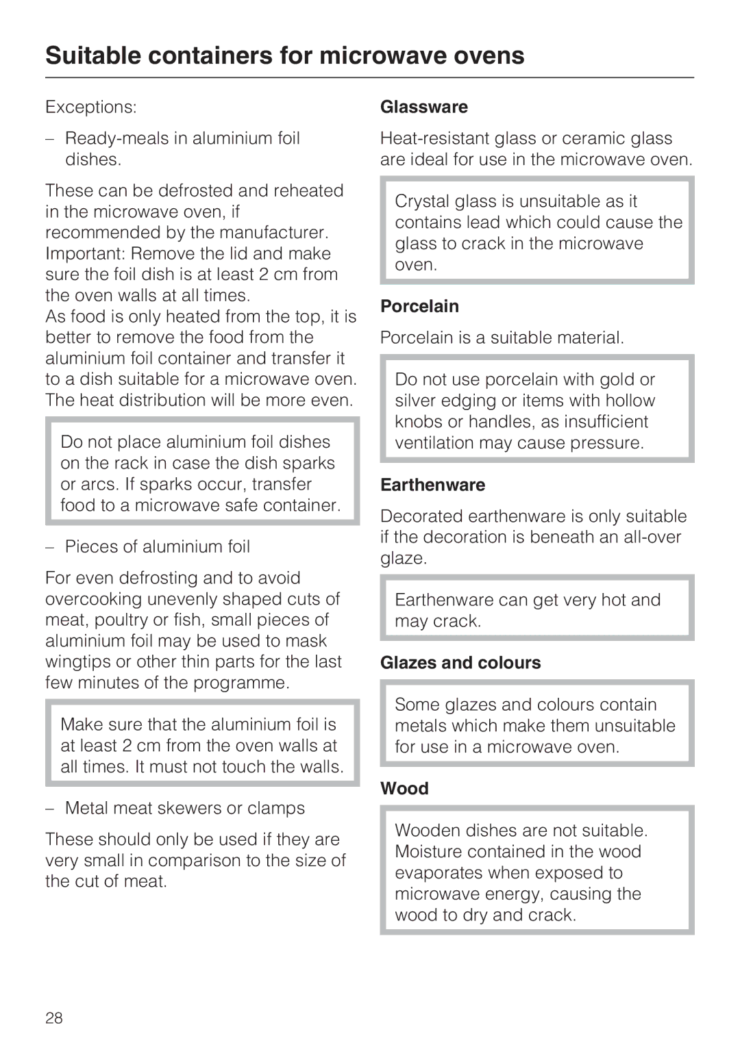 Miele 09 919 100 operating instructions Glassware, Porcelain, Earthenware, Glazes and colours, Wood 