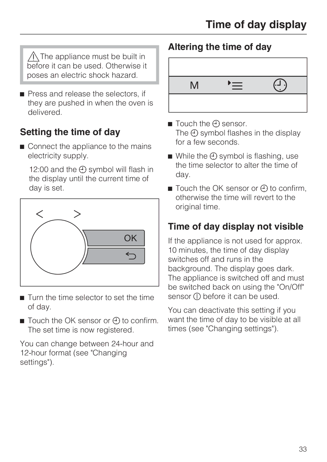 Miele 09 919 100 Setting the time of day, Altering the time of day, Time of day display not visible 