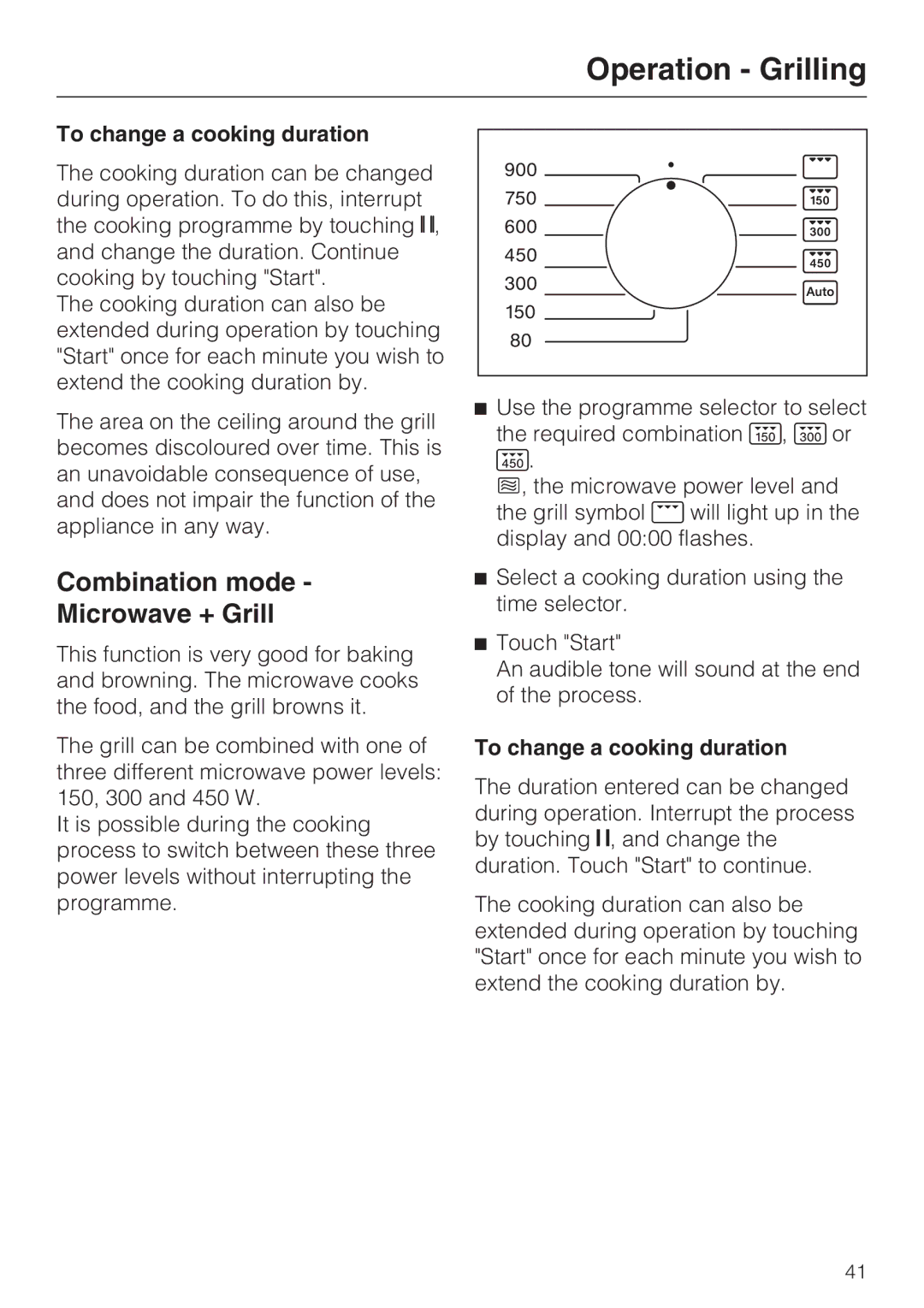 Miele 09 919 100 operating instructions Combination mode Microwave + Grill, To change a cooking duration 