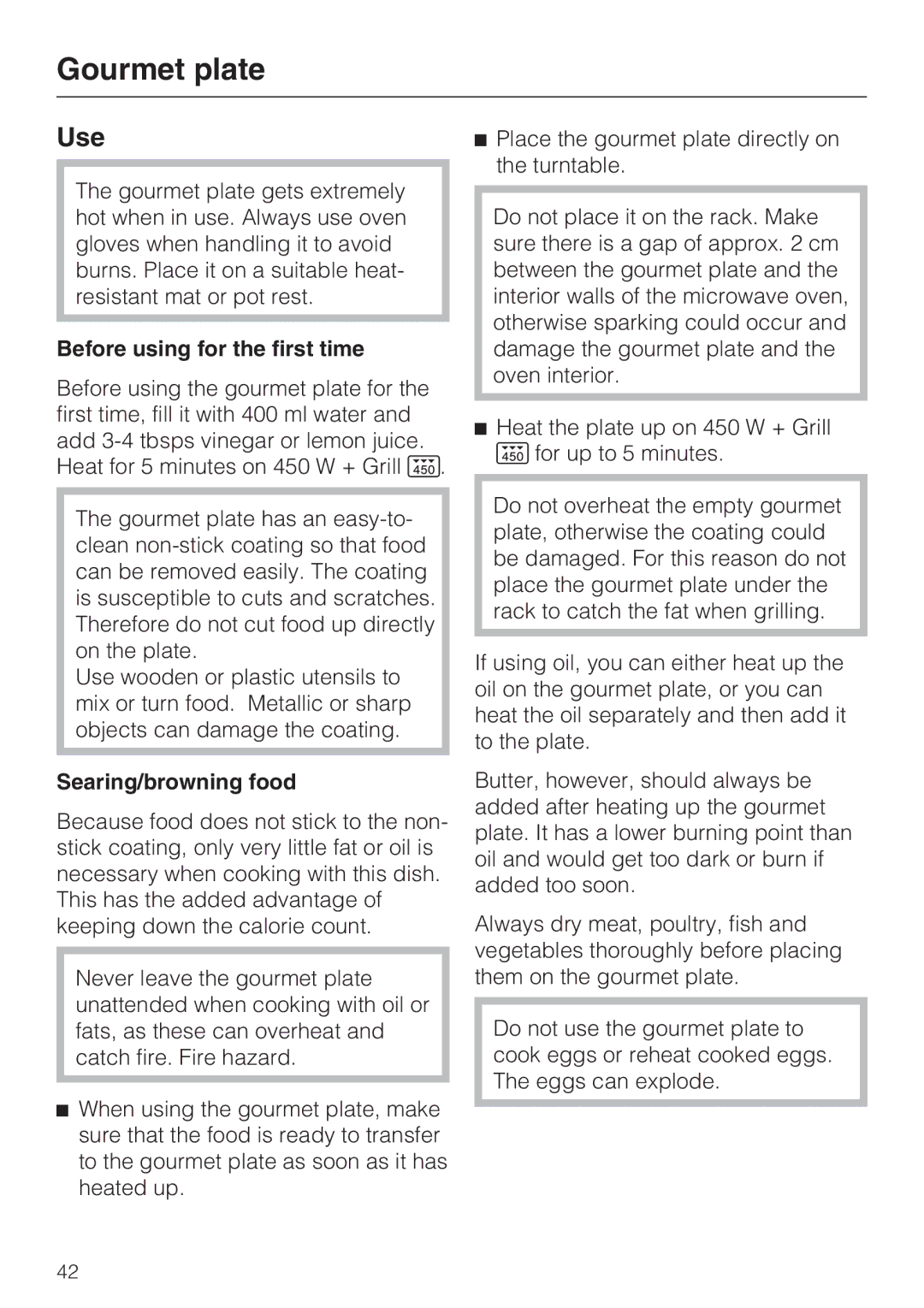 Miele 09 919 100 operating instructions Gourmet plate, Use, Before using for the first time, Searing/browning food 