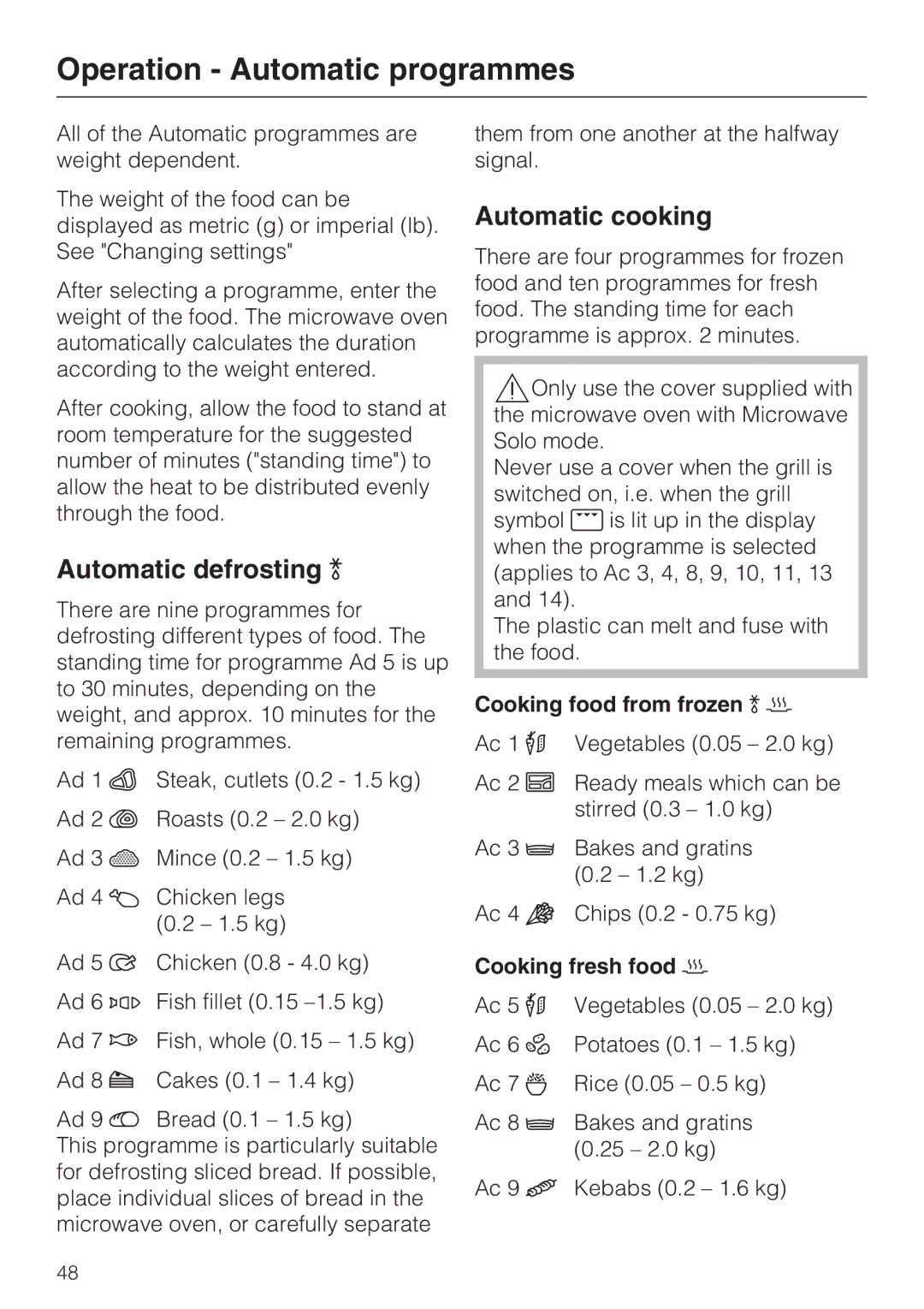 Miele 09 919 100 Operation Automatic programmes, Automatic defrosting, Automatic cooking, Cooking food from frozen 