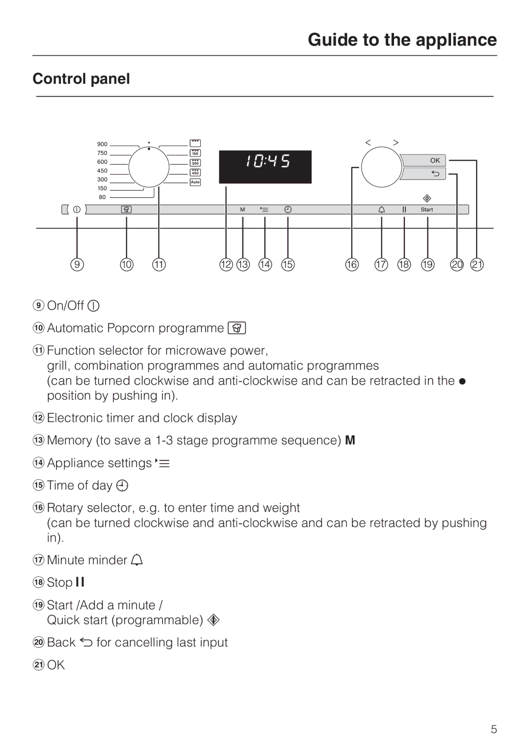 Miele 09 919 100 operating instructions Control panel 