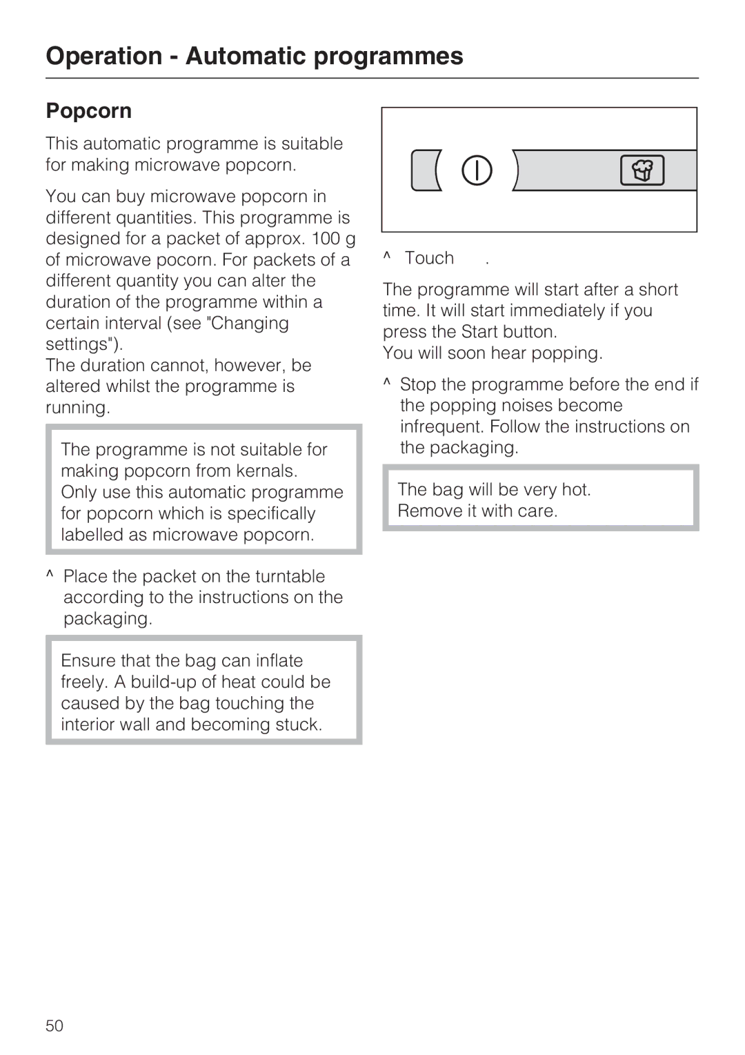 Miele 09 919 100 operating instructions Popcorn 