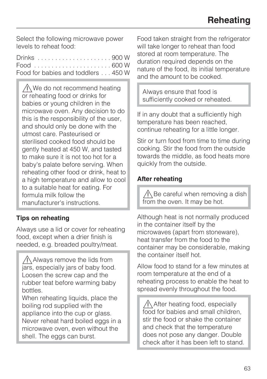 Miele 09 919 100 operating instructions Reheating, Tips on reheating, After reheating 