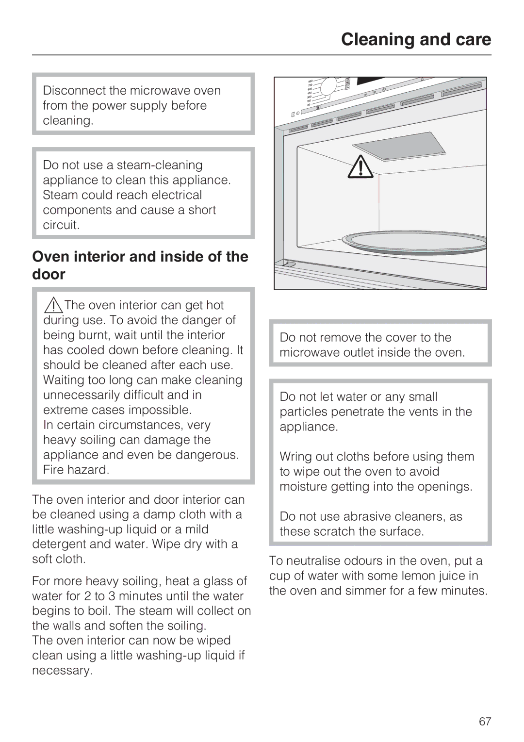 Miele 09 919 100 operating instructions Cleaning and care, Oven interior and inside of the door 