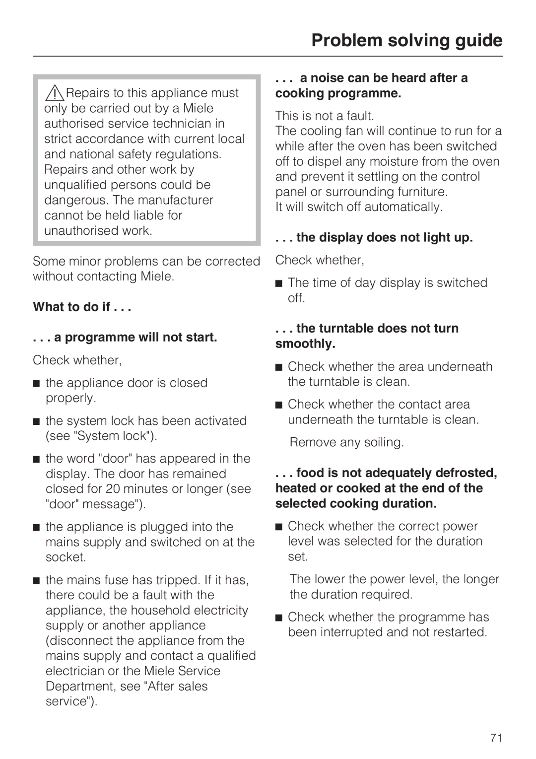 Miele 09 919 100 Problem solving guide, What to do if Programme will not start, Display does not light up 