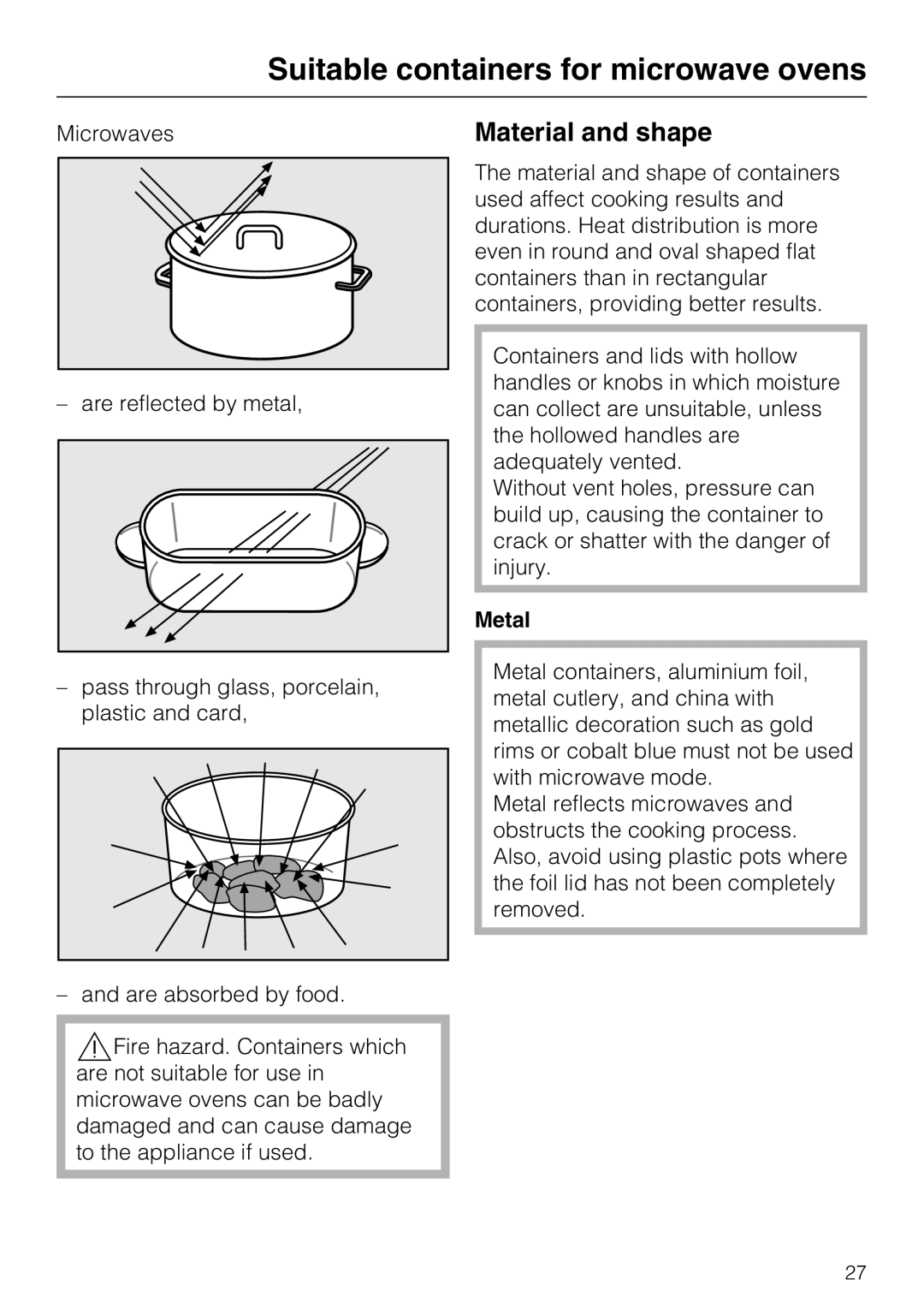 Miele 09 919 100 operating instructions Suitable containers for microwave ovens, Material and shape, Metal 