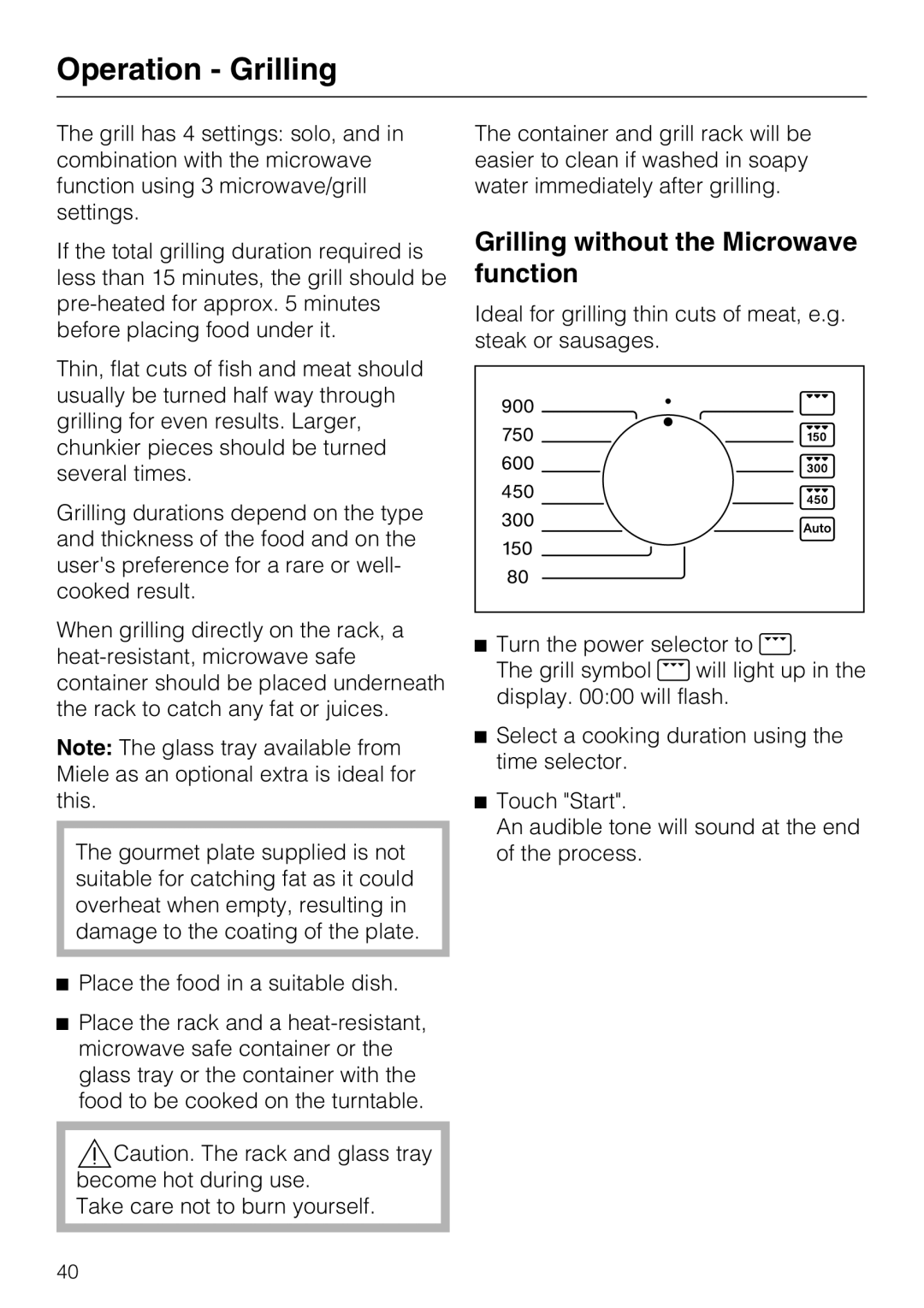 Miele 09 919 100 operating instructions Operation - Grilling, Grilling without the Microwave function 