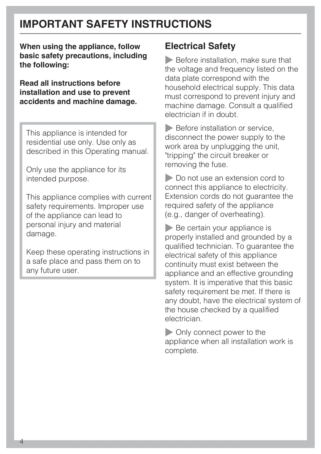 Miele 09 920 570 installation instructions Important Safety Instructions, Electrical Safety 