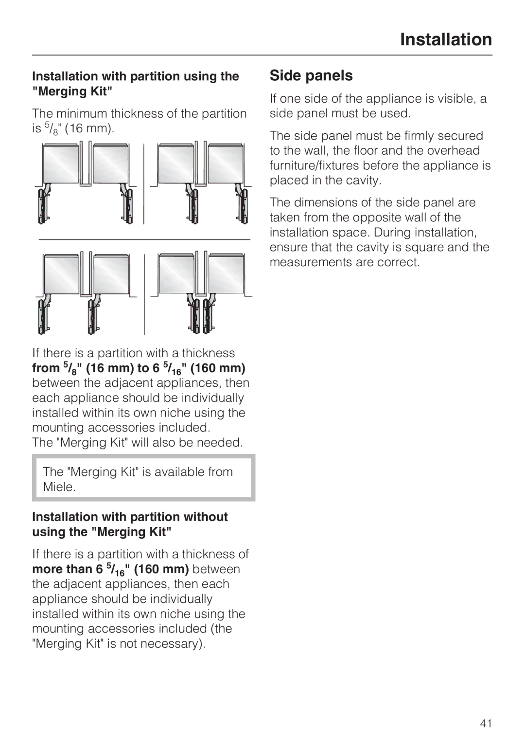 Miele 09 920 570 Side panels, Installation with partition using the Merging Kit, From 5/8 16 mm to 6 5/16 160 mm 