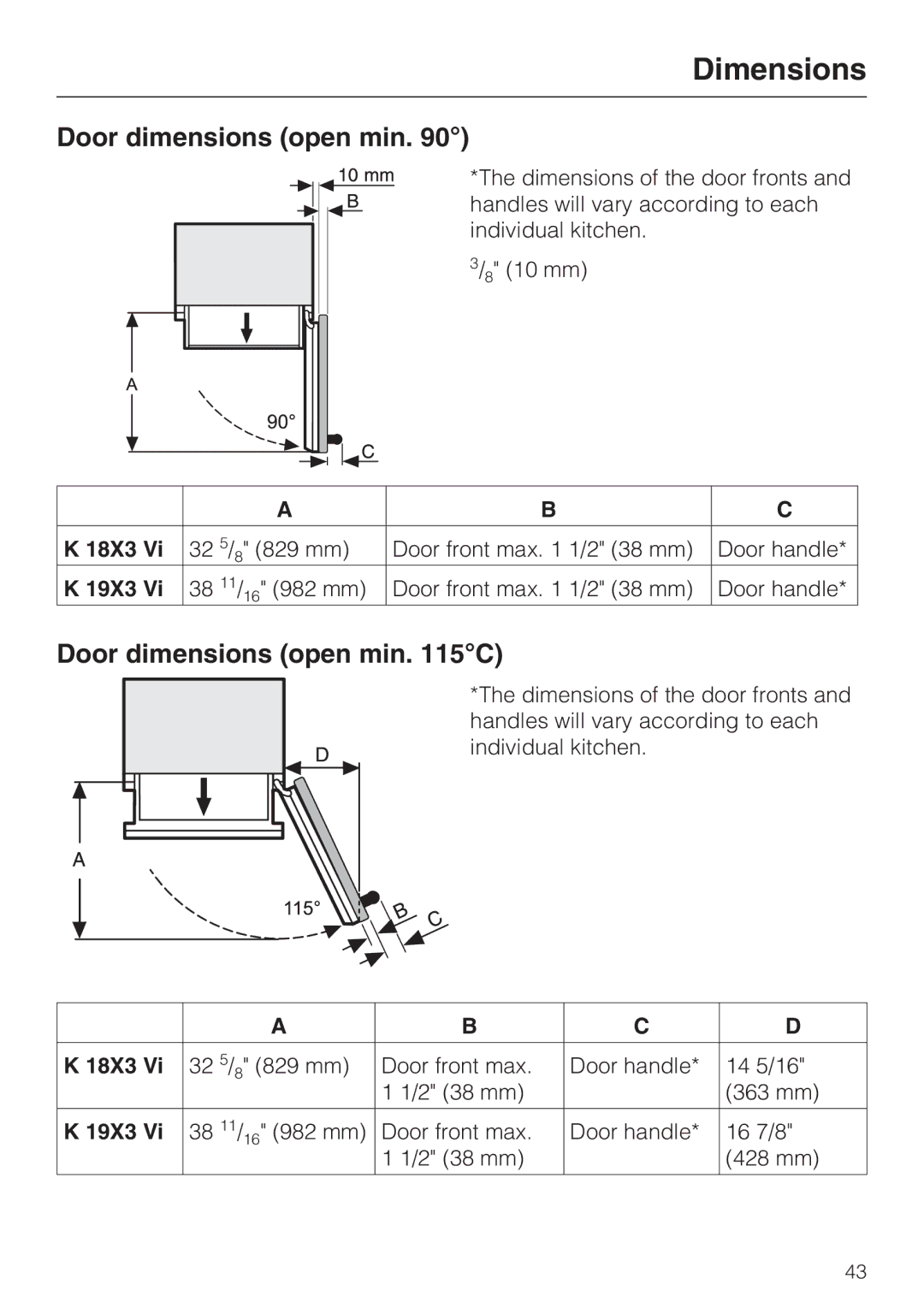 Miele 09 920 570 installation instructions Dimensions, Door dimensions open min C, 18X3, 19X3 