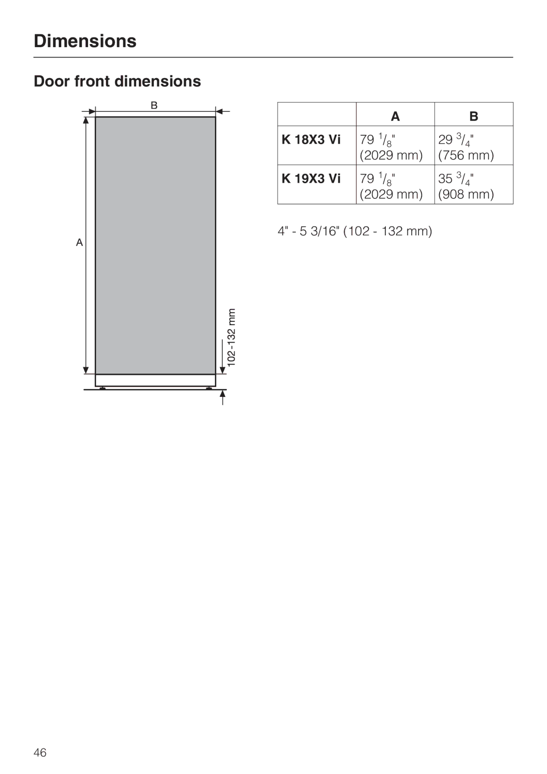 Miele 09 920 570 installation instructions Door front dimensions, 18X3 