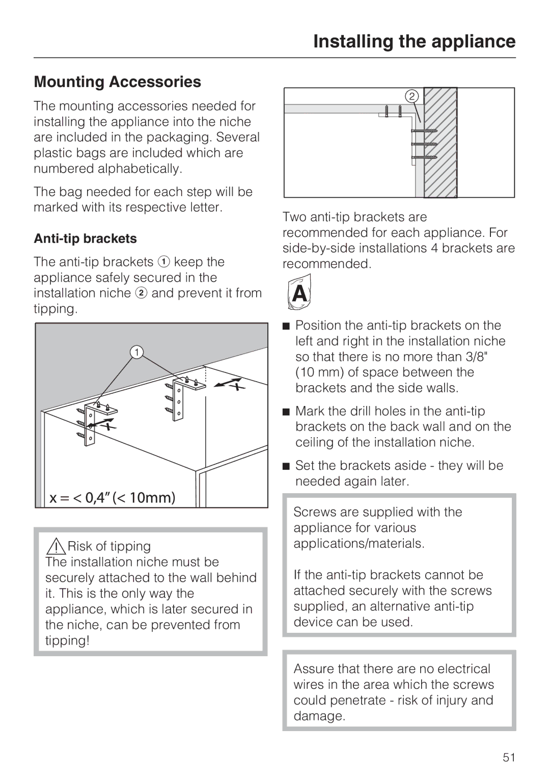 Miele 09 920 570 installation instructions Mounting Accessories, Anti-tip brackets 