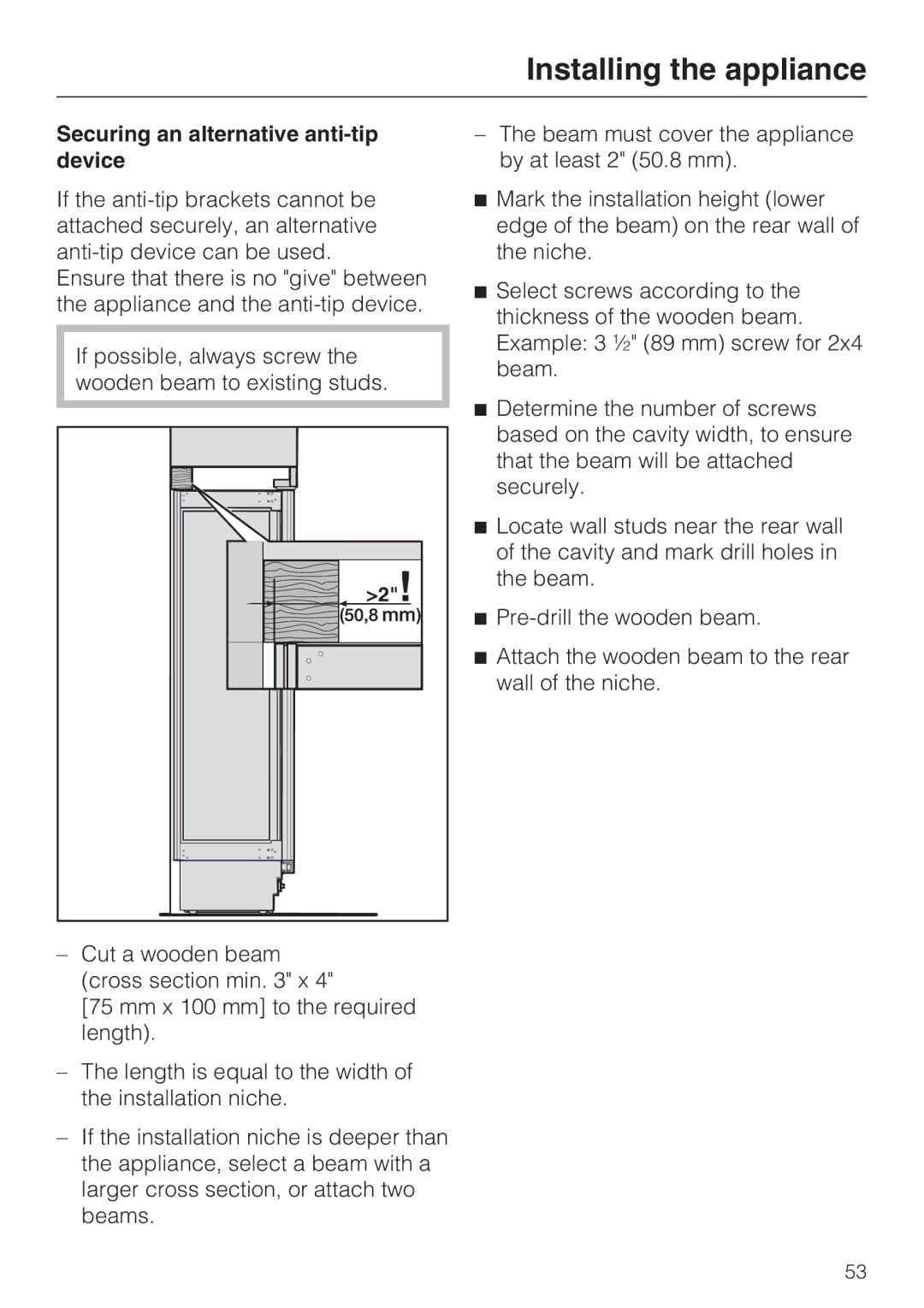 Miele 09 920 570 installation instructions Securing an alternative anti-tip device 