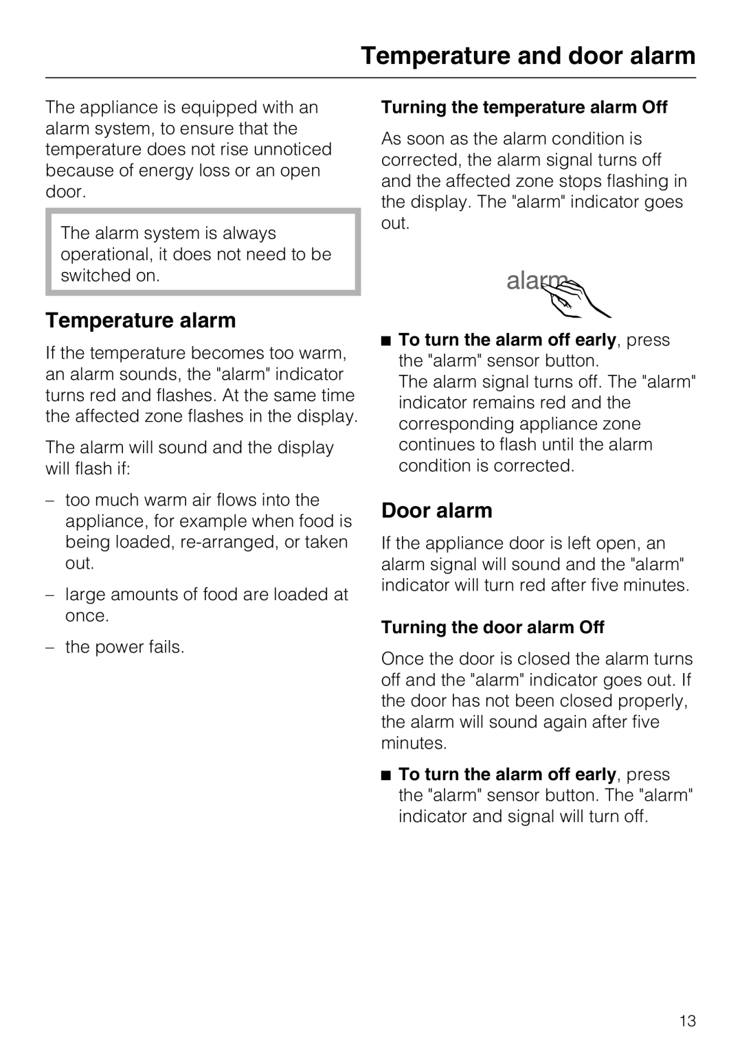 Miele 09 920 570 installation instructions Temperature and door alarm, Temperature alarm, Door alarm 