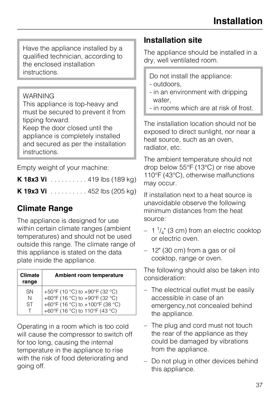 Miele 09 920 570 installation instructions Climate Range, Installation site 