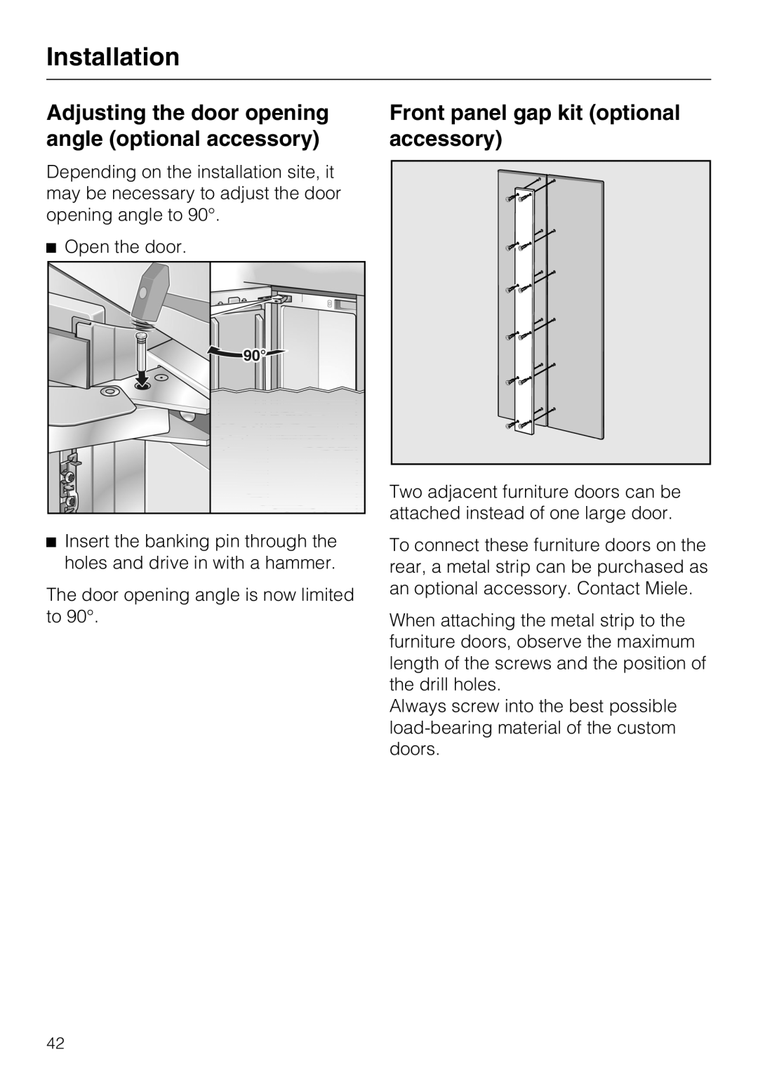 Miele 09 920 570 installation instructions Front panel gap kit optional accessory, Installation 