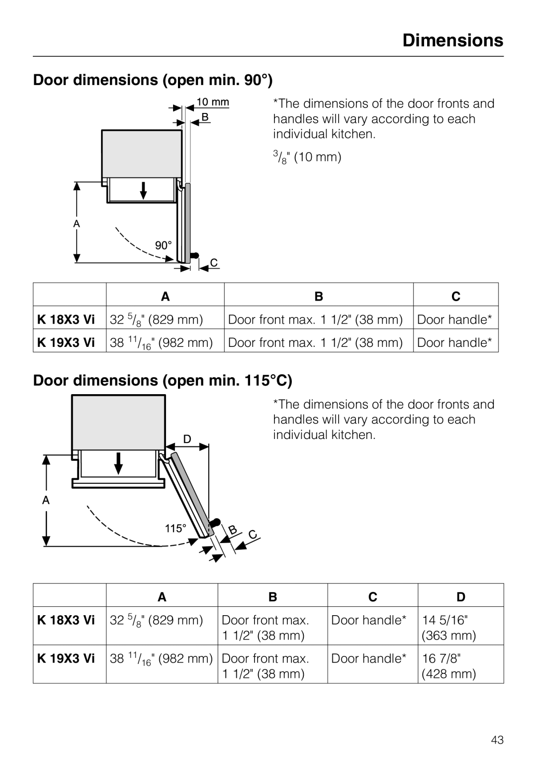 Miele 09 920 570 installation instructions Dimensions, Door dimensions open min. 115C 
