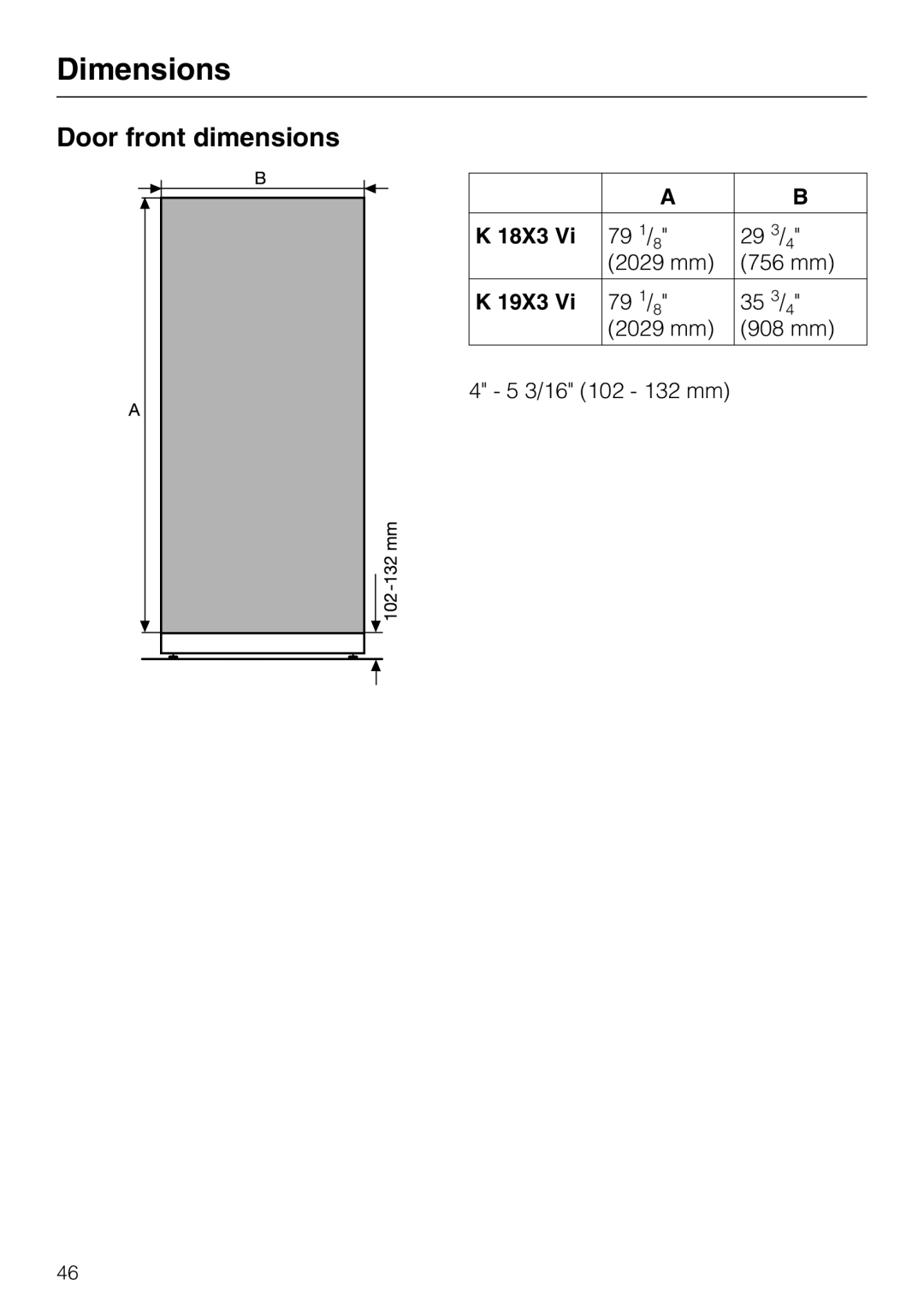 Miele 09 920 570 Door front dimensions, Dimensions, 2029 mm, 756 mm, 908 mm, 4 - 5 3/16 102 - 132 mm 
