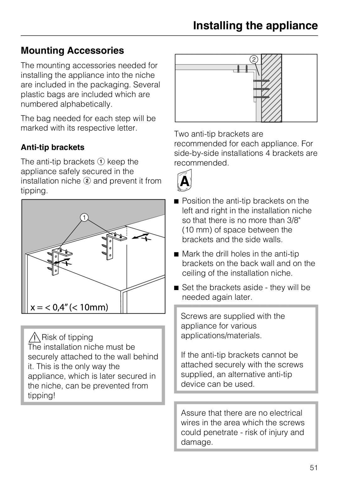 Miele 09 920 570 installation instructions Mounting Accessories, Installing the appliance, Anti-tipbrackets 