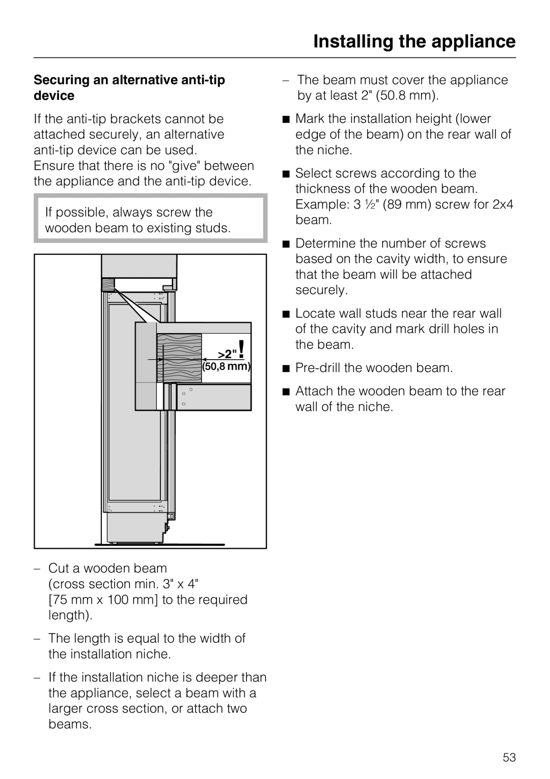 Miele 09 920 570 installation instructions Installing the appliance, Securing an alternative anti-tipdevice 