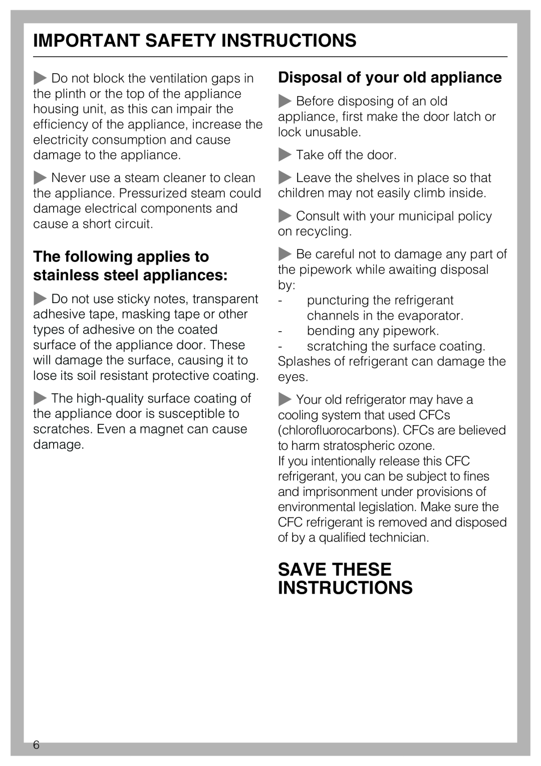 Miele 09 920 570 Save These Instructions, Disposal of your old appliance, Important Safety Instructions 