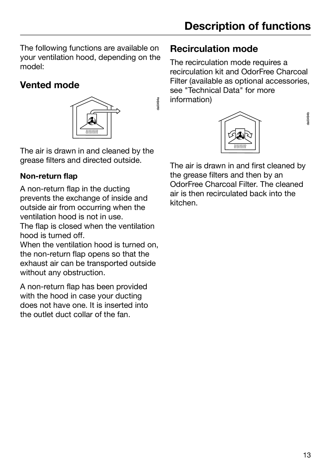 Miele 09 968 240 installation instructions Description of functions, Vented mode, Recirculation mode, Non-return flap 