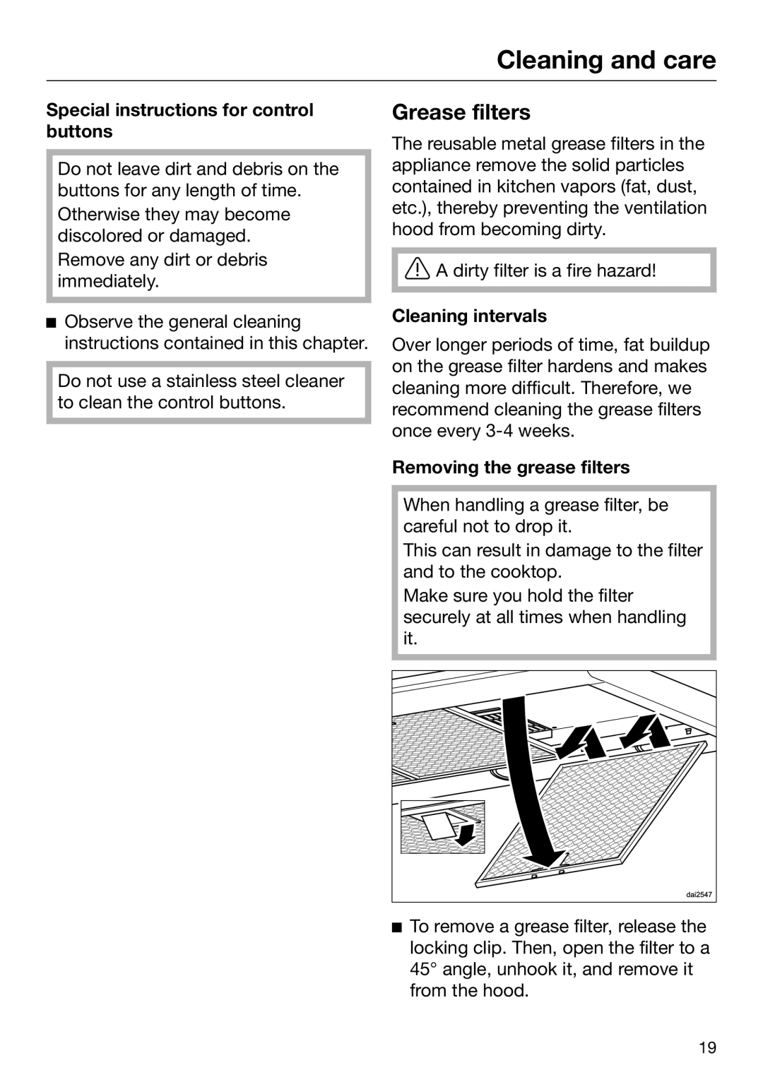 Miele 09 968 240 Grease filters, Special instructions for control buttons, Cleaning intervals, Removing the grease filters 