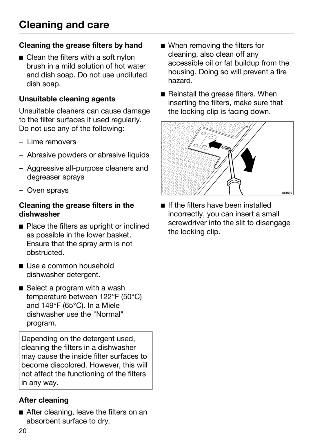 Miele 09 968 240 installation instructions Cleaning the grease filters by hand, Unsuitable cleaning agents, After cleaning 