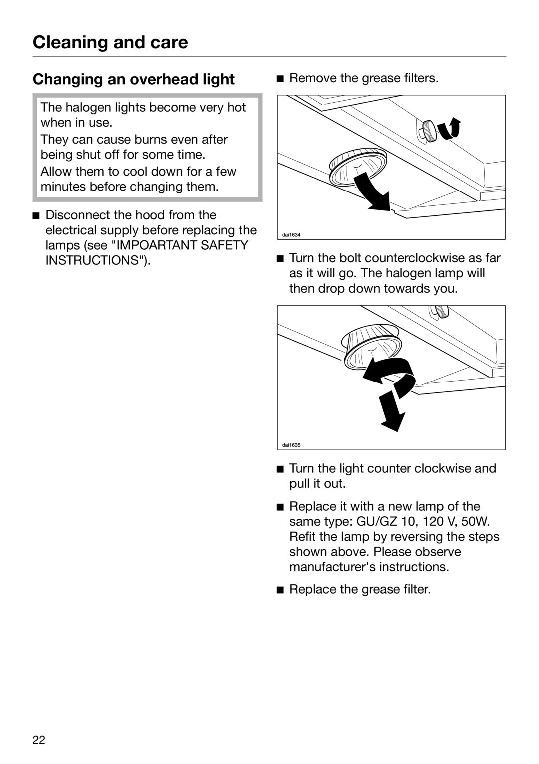 Miele 09 968 240 installation instructions Changing an overhead light 