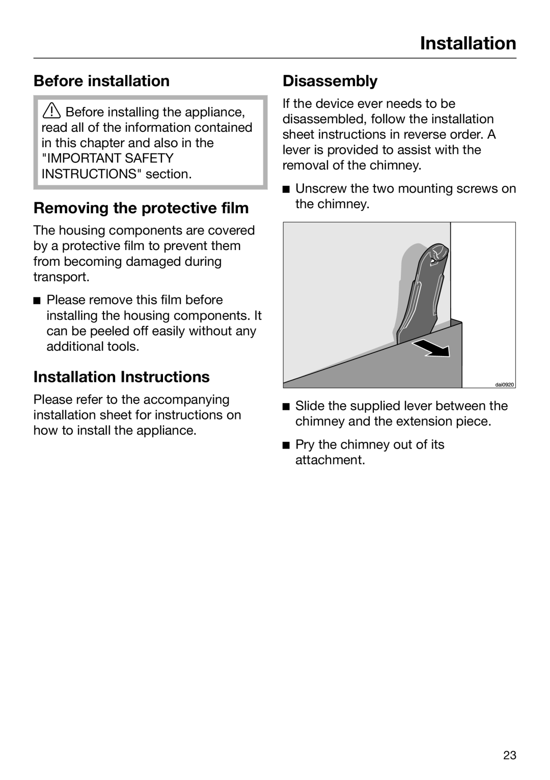 Miele 09 968 240 Before installation, Removing the protective film, Installation Instructions, Disassembly 