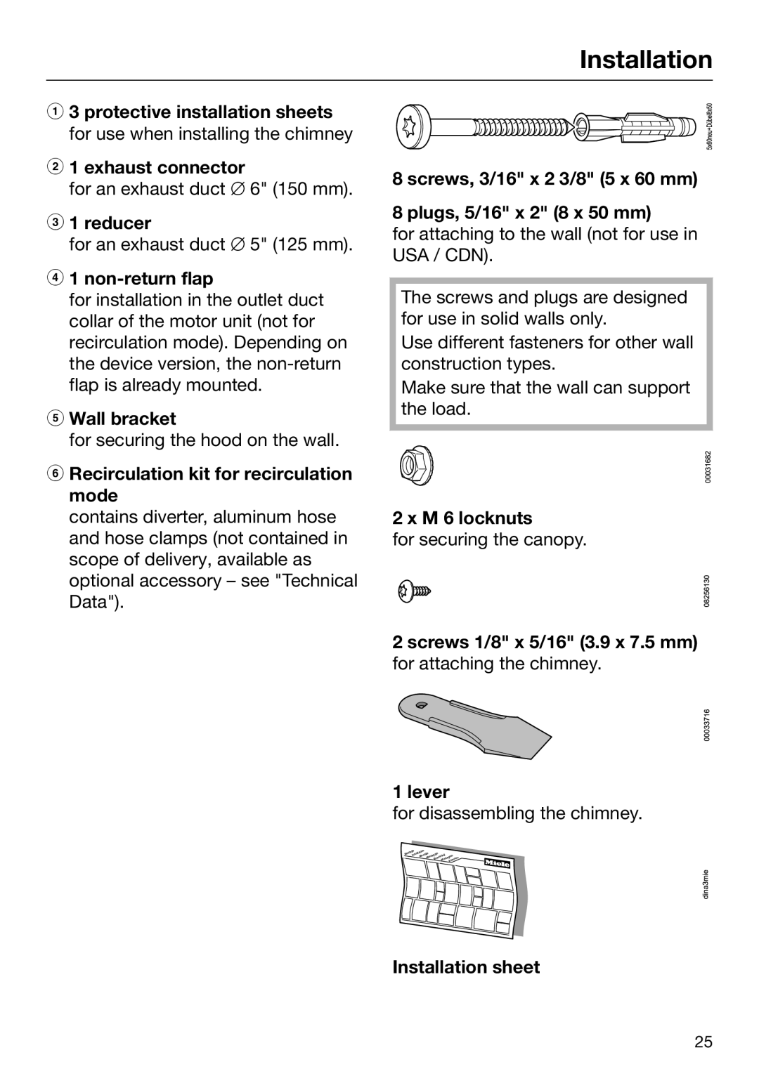 Miele 09 968 240 Reducer, Wall bracket, Recirculation kit for recirculation mode, M 6 locknuts, Installation sheet 