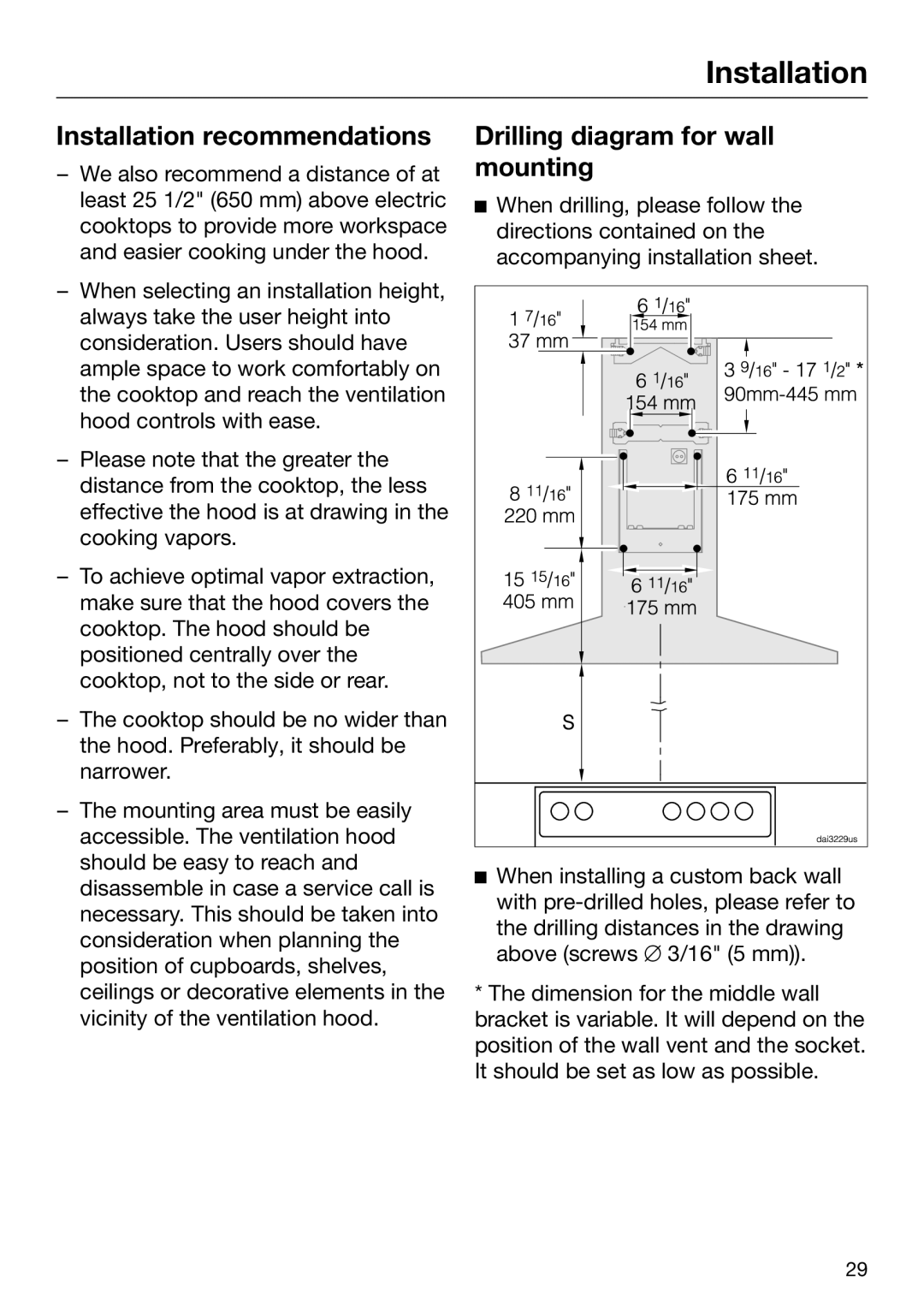 Miele 09 968 240 installation instructions Installation recommendations, Drilling diagram for wall mounting 