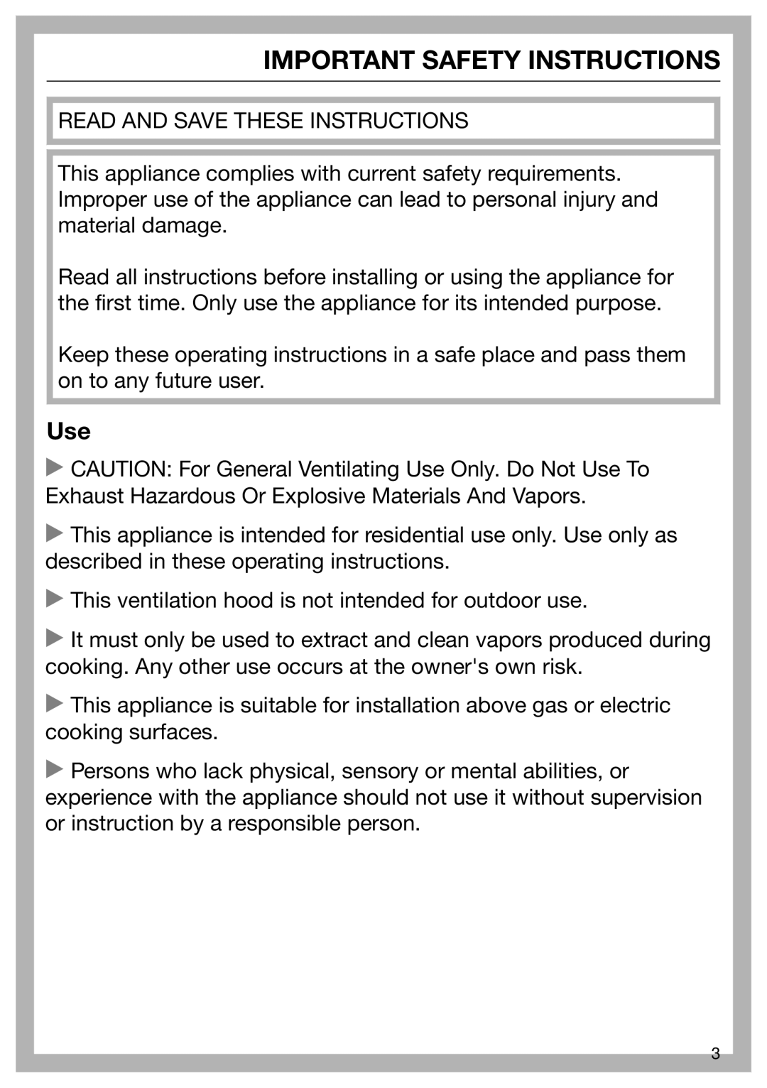 Miele 09 968 240 installation instructions Important Safety Instructions 