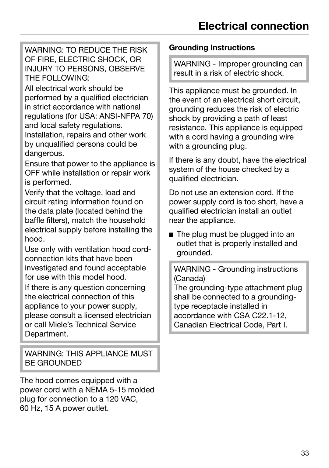 Miele 09 968 240 installation instructions Electrical connection, Grounding Instructions 