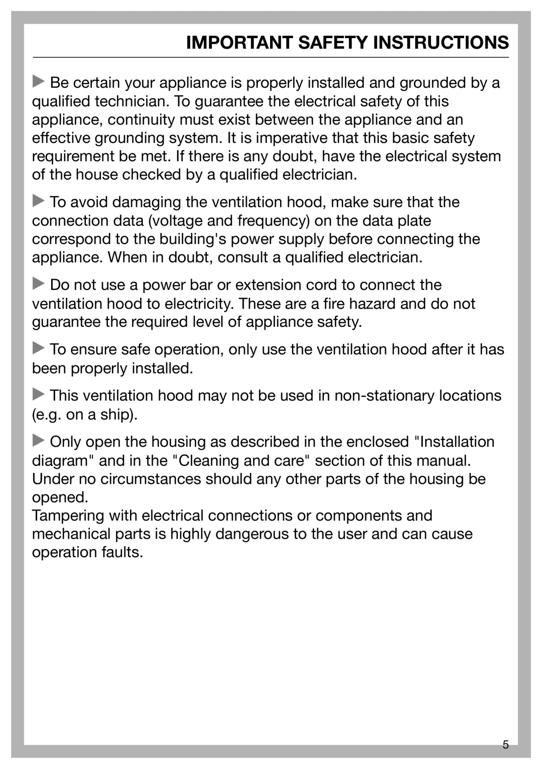 Miele 09 968 240 installation instructions Important Safety Instructions 