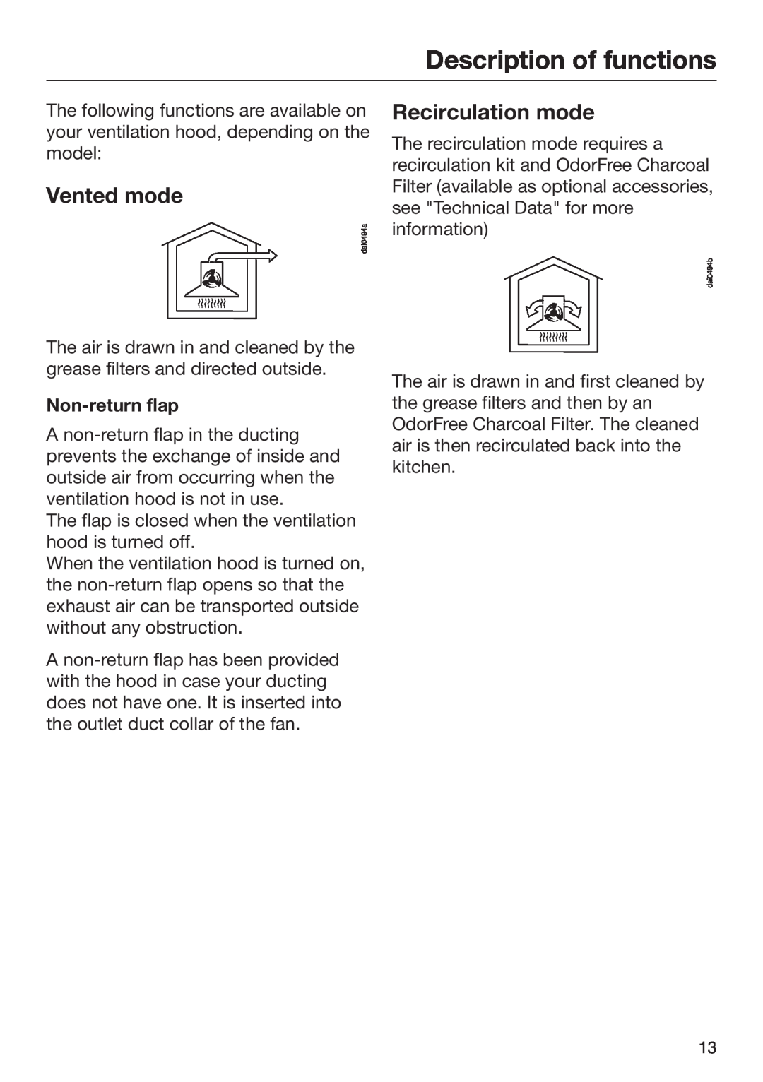 Miele 09 968 240 installation instructions Description of functions, Vented mode, Recirculation mode, Non-returnflap 