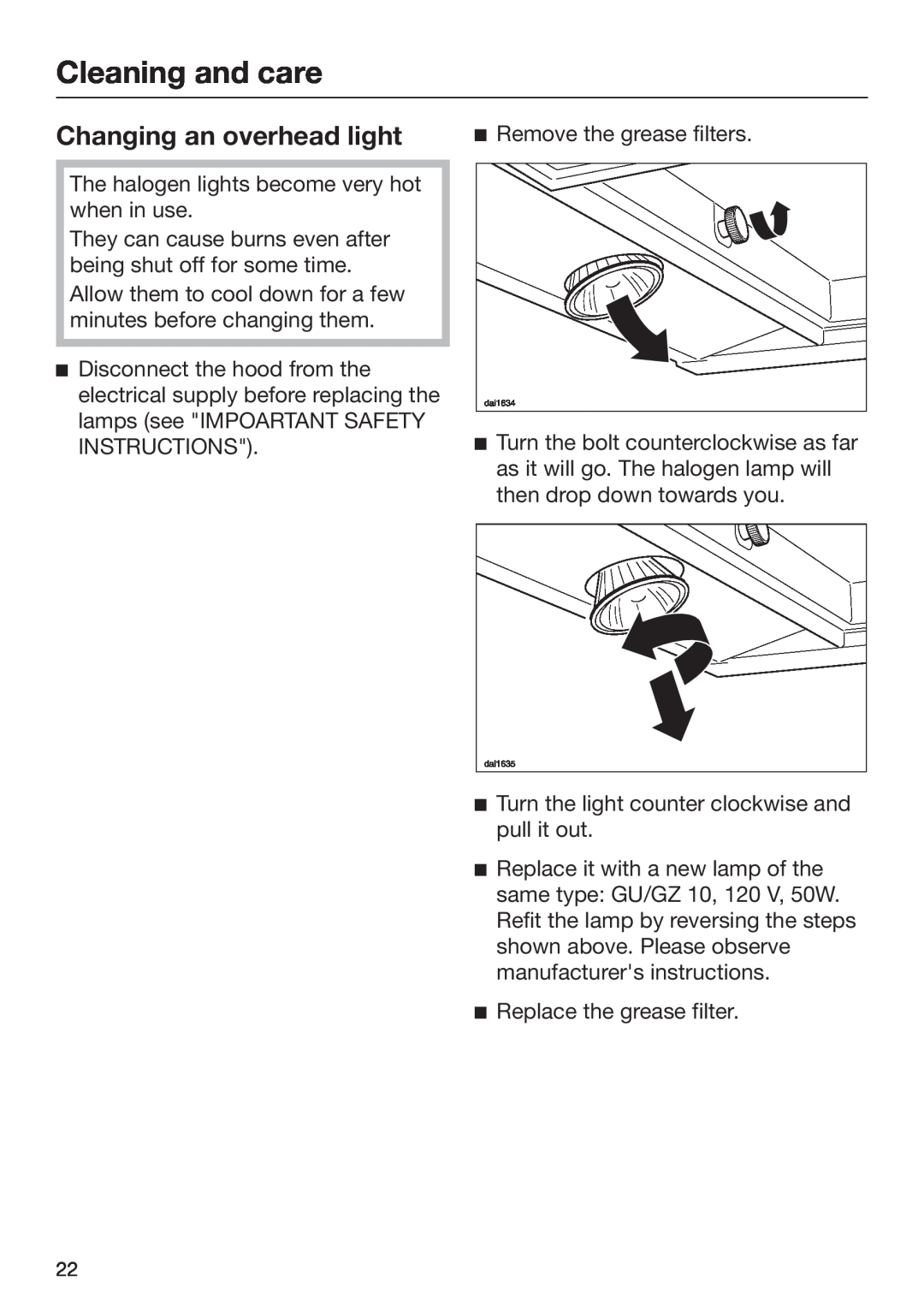 Miele 09 968 240 installation instructions Changing an overhead light, Cleaning and care 