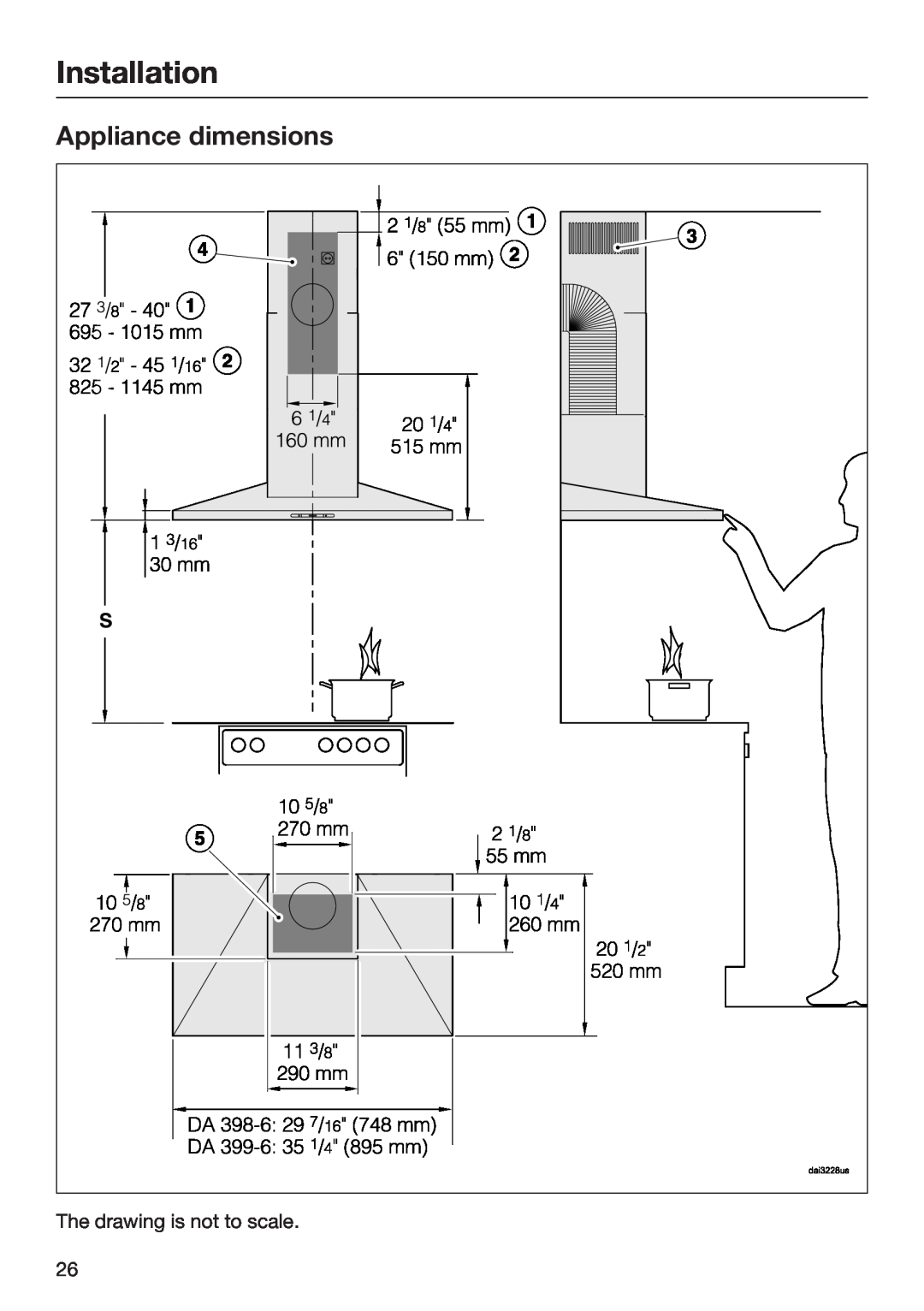Miele 09 968 240 installation instructions Appliance dimensions, Installation, The drawing is not to scale 