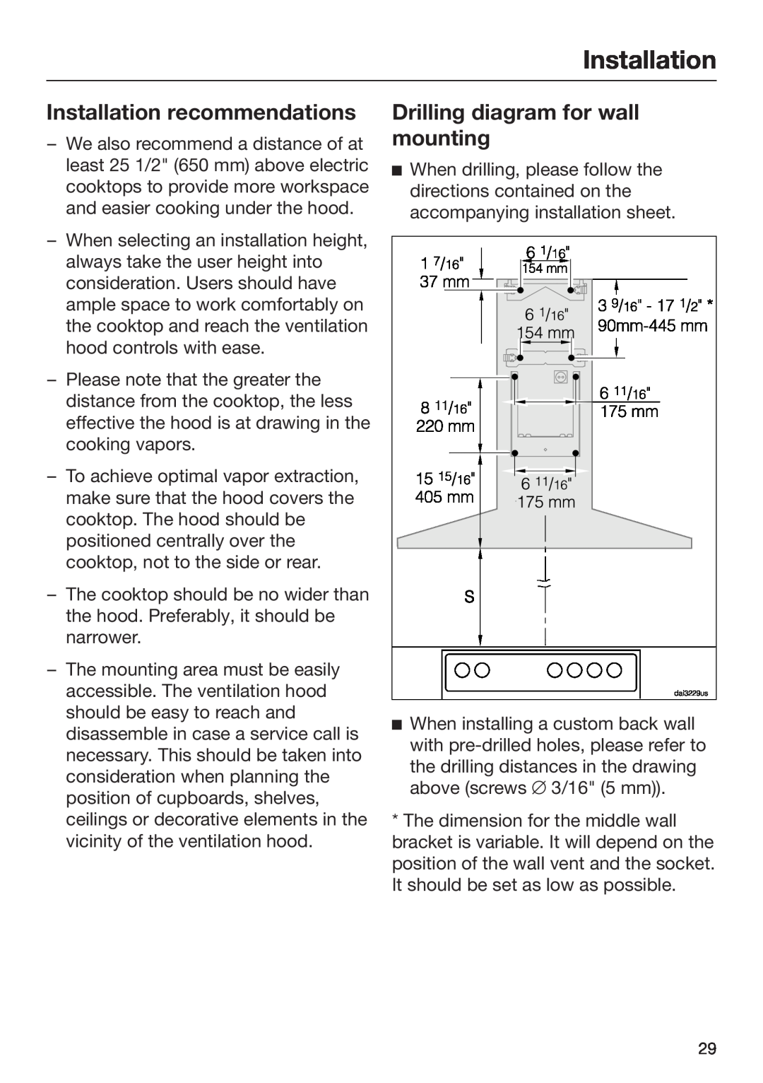Miele 09 968 240 installation instructions Installation recommendations, Drilling diagram for wall mounting 