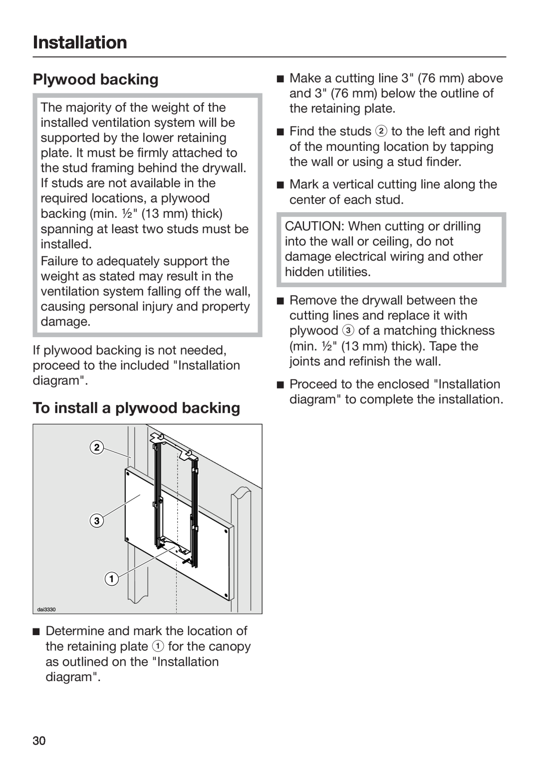 Miele 09 968 240 installation instructions Plywood backing, To install a plywood backing, Installation 