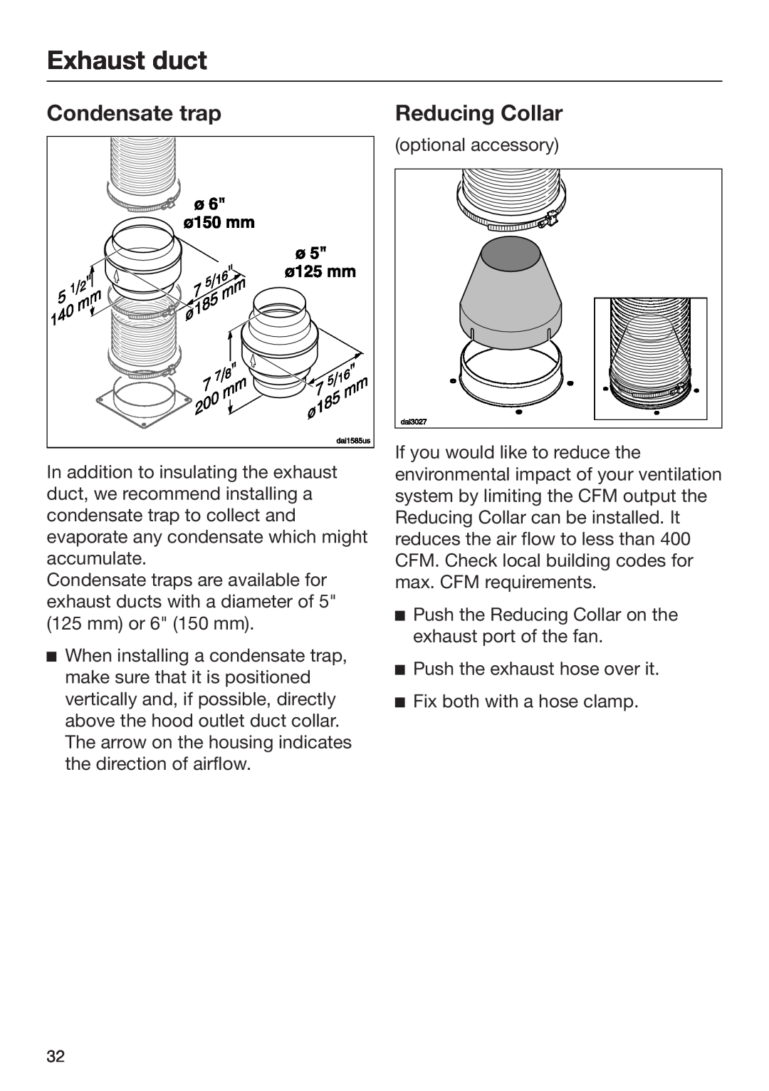 Miele 09 968 240 installation instructions Condensate trap, Reducing Collar, Exhaust duct 