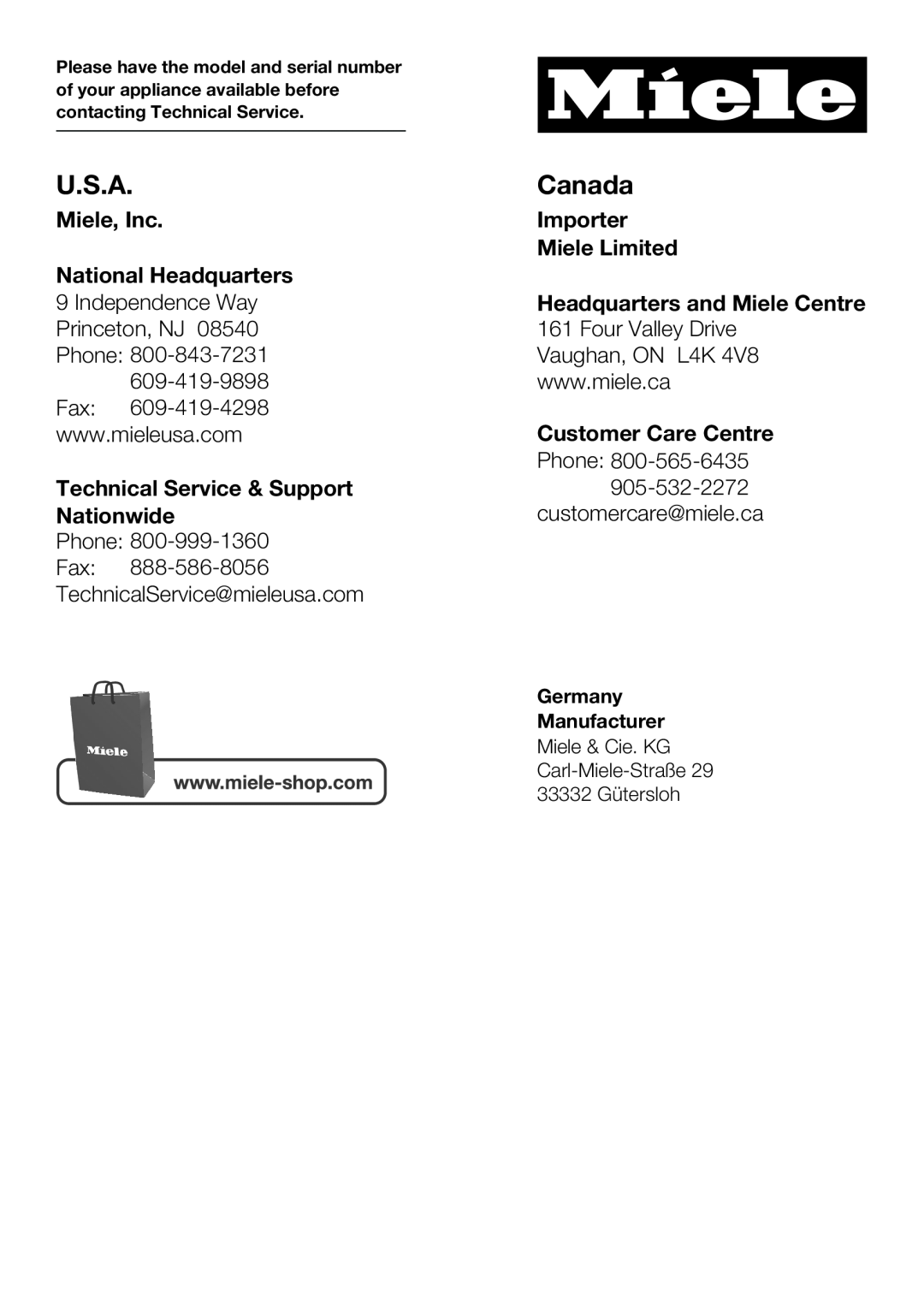 Miele 09 968 240 U.S.A, Canada, Miele, Inc, Importer, National Headquarters, Technical Service & Support Nationwide 