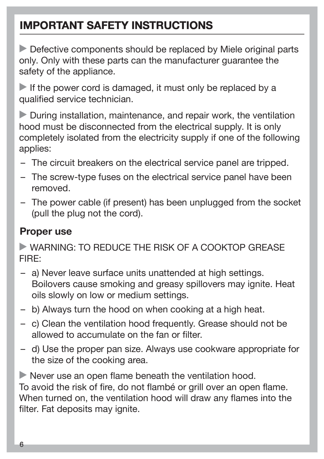 Miele 09 968 240 installation instructions Proper use, Important Safety Instructions 
