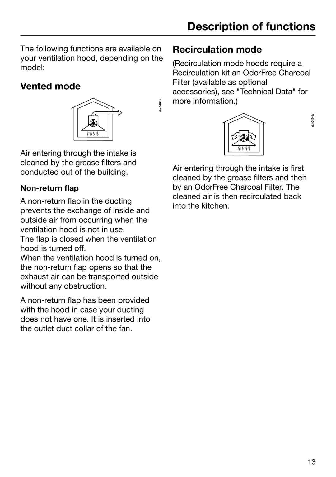 Miele 09 968 280 installation instructions Description of functions, Vented mode, Recirculation mode, Non-return flap 