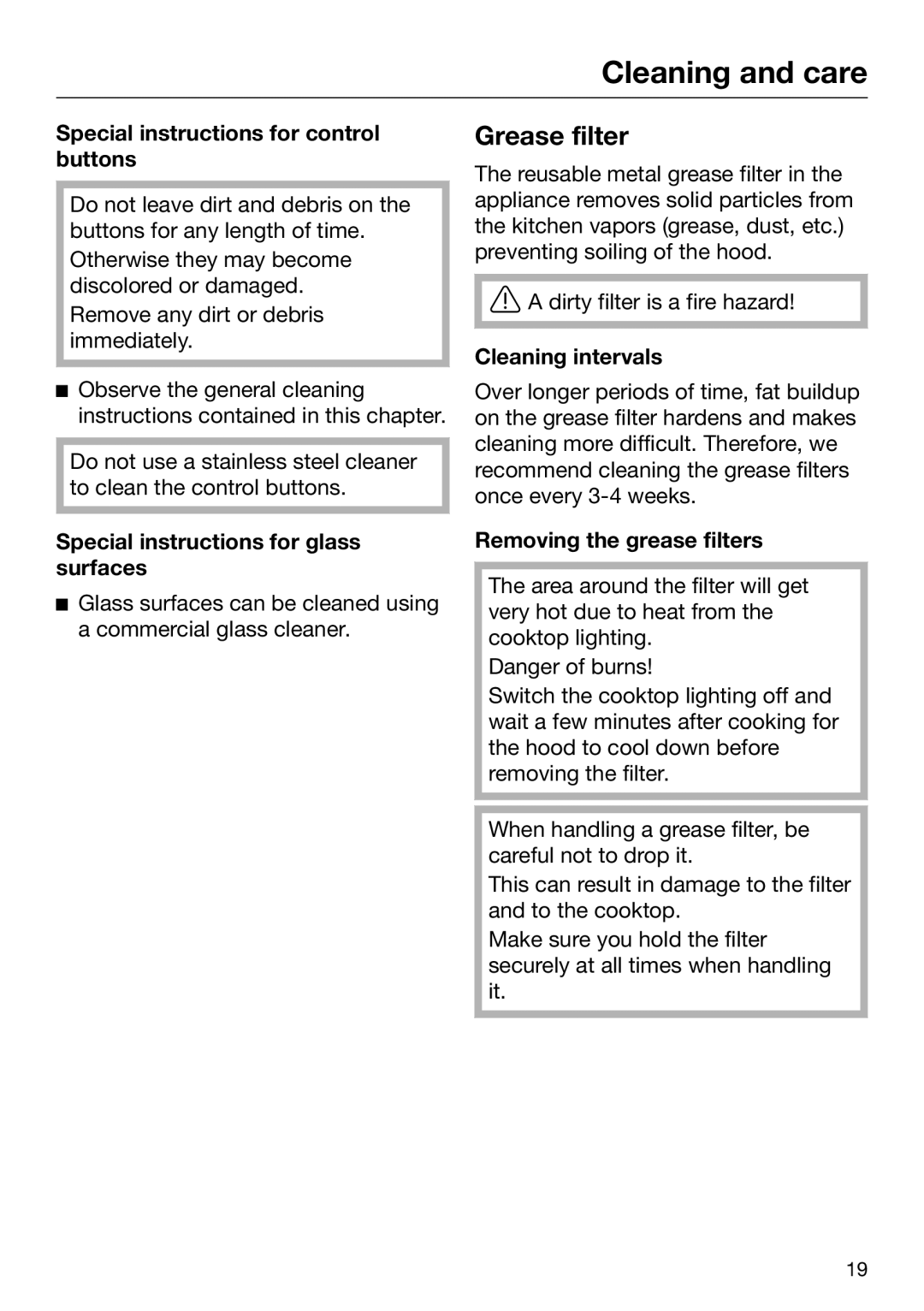 Miele 09 968 280 Grease filter, Special instructions for control buttons, Special instructions for glass surfaces 