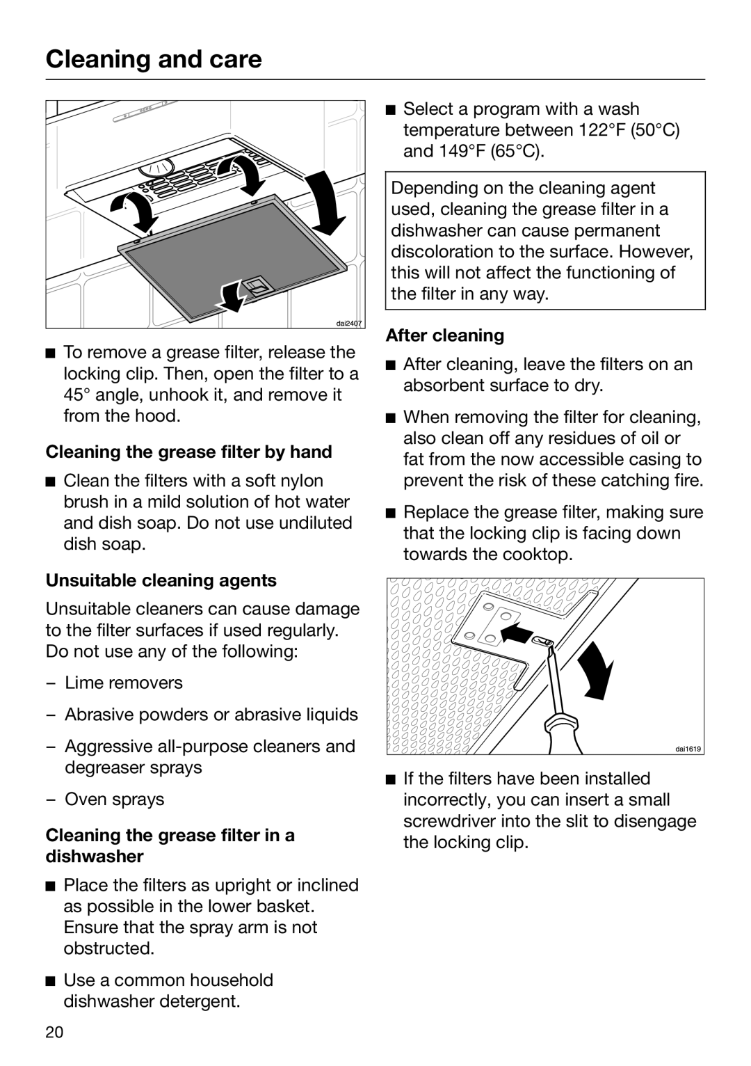 Miele 09 968 280 installation instructions After cleaning, Cleaning the grease filter by hand, Unsuitable cleaning agents 